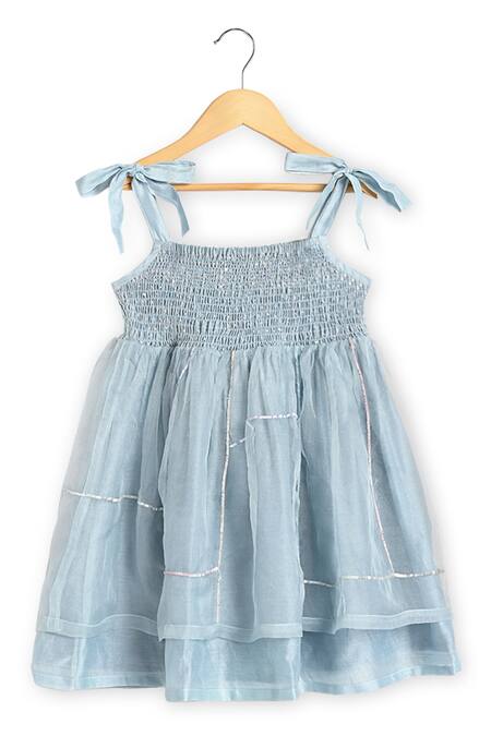 Shop_Charkhee_Blue Chanderi, Organza Sequins Embroidered Dress_Online_at_Aza_Fashions
