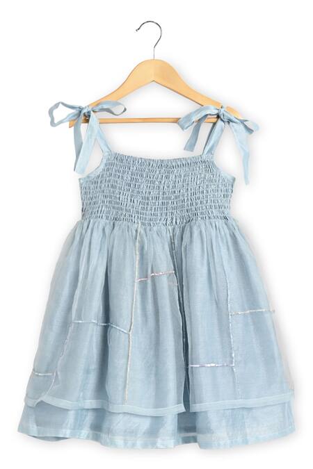 Charkhee_Blue Chanderi, Organza Sequins Embroidered Dress_at_Aza_Fashions