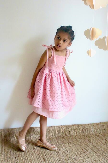 Charkhee_Pink Cotton Embroidery Schiffli Pattern Dress_Online_at_Aza_Fashions