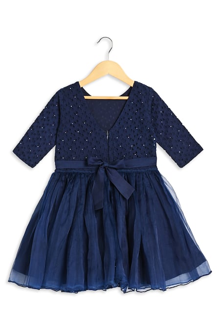 Charkhee_Blue Organza, Chiffon Stones Swarovski Embroidered Schiffli Dress _at_Aza_Fashions