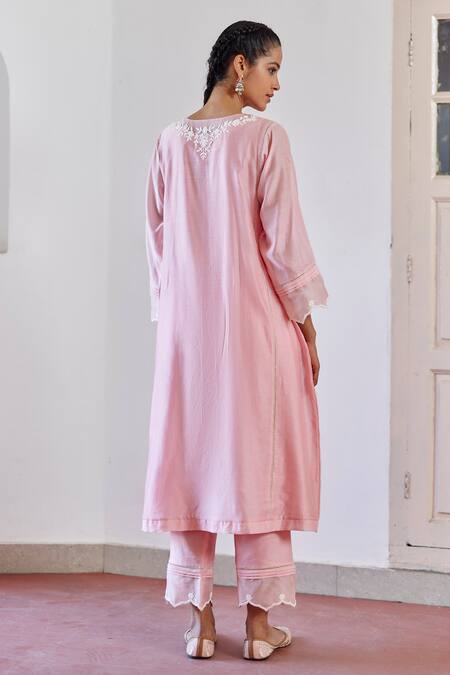 Shop Amisha Kothari Pink Chanderi , Organza Embroidery, Cut Work Round Neck Ziya Kurta Set at Aza Fashions Shop_Amisha Kothari_Pink Chanderi , Organza Embroidery, Cut Work Round Neck Ziya Kurta Set _at_Aza_Fashions