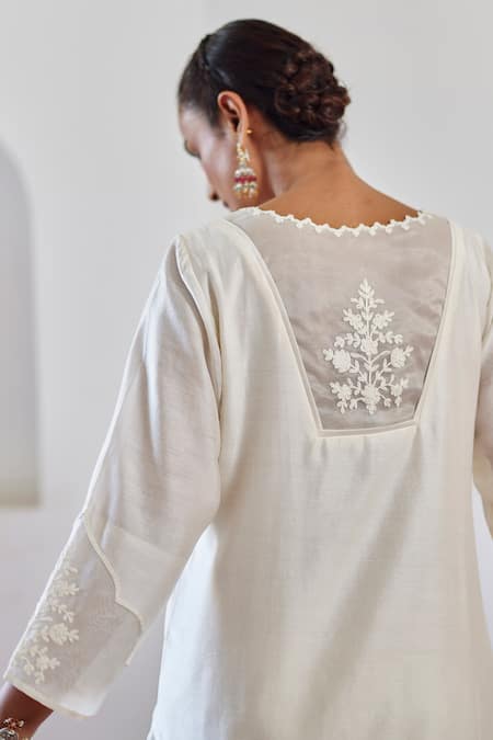 Shop Amisha Kothari Ivory Chanderi , Organza Cut Work, Embroidery Safina Floral Kurta Set at Aza Fashions Shop_Amisha Kothari_Ivory Chanderi , Organza Cut Work, Embroidery Safina Floral Kurta Set _at_Aza_Fashions
