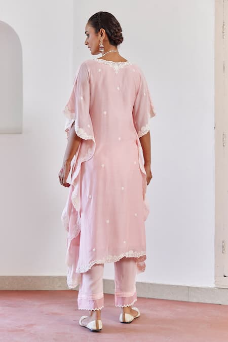 Shop Amisha Kothari Pink Cotton, Silk Cut Work V-neck Zeenat Embroidered Kurta Kaftan Set at Aza Fashions Shop_Amisha Kothari_Pink Cotton, Silk Cut Work V-neck Zeenat Embroidered Kurta Kaftan Set _at_Aza_Fashions