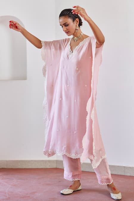 Buy Amisha Kothari Pink Cotton, Silk Cut Work V-neck Zeenat Embroidered Kurta Kaftan Set Online at Aza Fashions Buy_Amisha Kothari_Pink Cotton, Silk Cut Work V-neck Zeenat Embroidered Kurta Kaftan Set _Online_at_Aza_Fashions