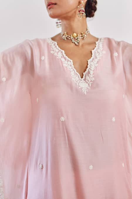 Shop Amisha Kothari Pink Cotton, Silk Cut Work V-neck Zeenat Embroidered Kurta Kaftan Set Online at Aza Fashions Shop_Amisha Kothari_Pink Cotton, Silk Cut Work V-neck Zeenat Embroidered Kurta Kaftan Set _Online_at_Aza_Fashions