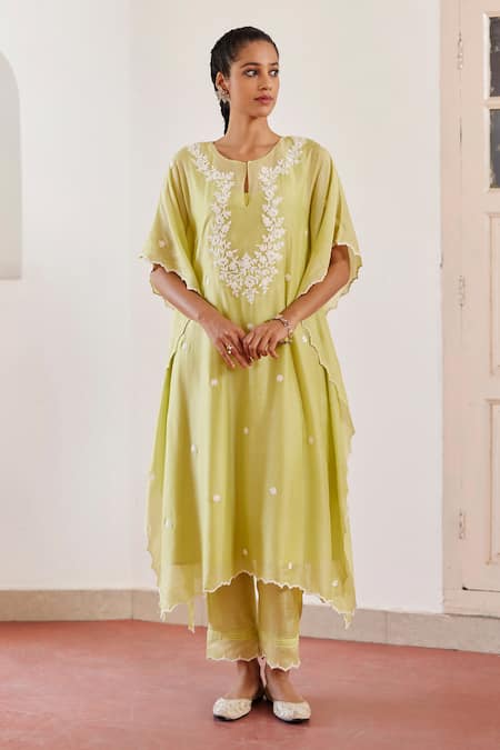 Buy Amisha Kothari Green Cotton, Silk Cut Work, Embroidery Round Neck Zareena Kurta Kaftan Set Online at Aza Fashions Buy_Amisha Kothari_Green Cotton, Silk Cut Work, Embroidery Round Neck Zareena Kurta Kaftan Set _Online_at_Aza_Fashions