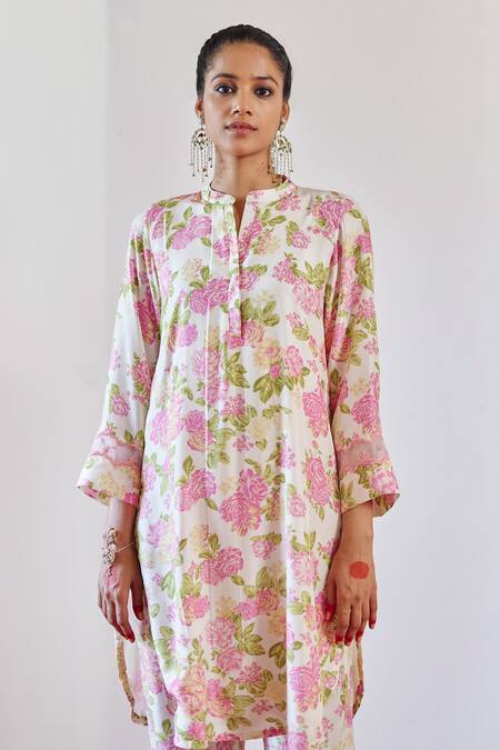 Buy_Amisha Kothari_Pink Cotton, Silk Organza Embroidery, Cut Work Bandeau Zubeida Printed Kurta Set _Online_at_Aza_Fashions