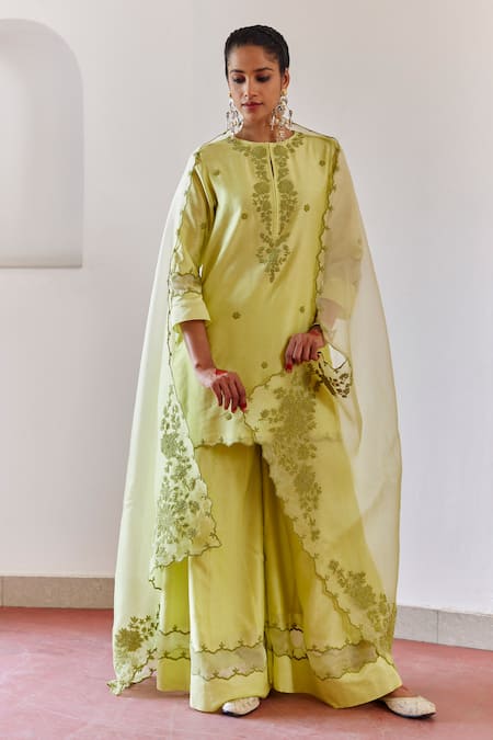 Buy Amisha Kothari Green Chanderi , Organza Embroidery, Cut Work Zynah Kurta Sharara Set Buy_Amisha Kothari_Green Chanderi , Organza Embroidery, Cut Work Zynah Kurta Sharara Set