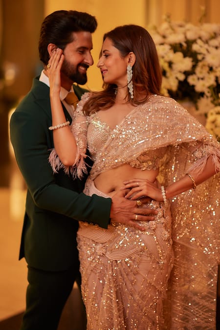 Buy_Anjalee And Arjun Kapoor_Pink Net Sequins, Tassels, Beads, Embroidered Pre-draped Saree With Blouse _Online_at_Aza_Fashions