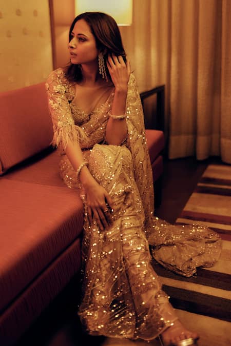 Anjalee And Arjun Kapoor_Pink Net Sequins, Tassels, Beads, Embroidered Pre-draped Saree With Blouse _at_Aza_Fashions