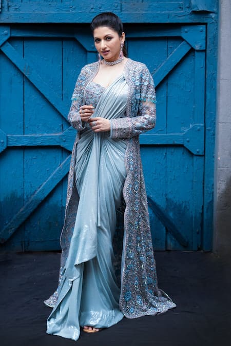 ANJALEE AND ARJUN KAPOOR Blue Net Embroidered Sequin Sweetheart Cape And Pre-draped Saree Set 