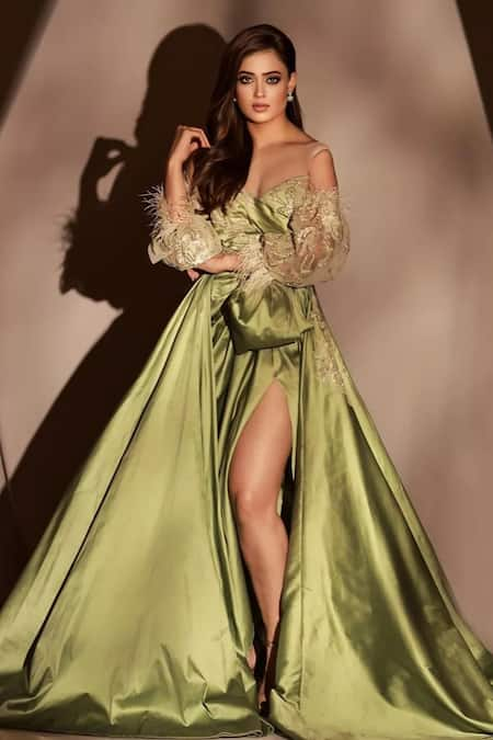 ANJALEE AND ARJUN KAPOOR Green Silk Embroidered Sequin Round Gown  