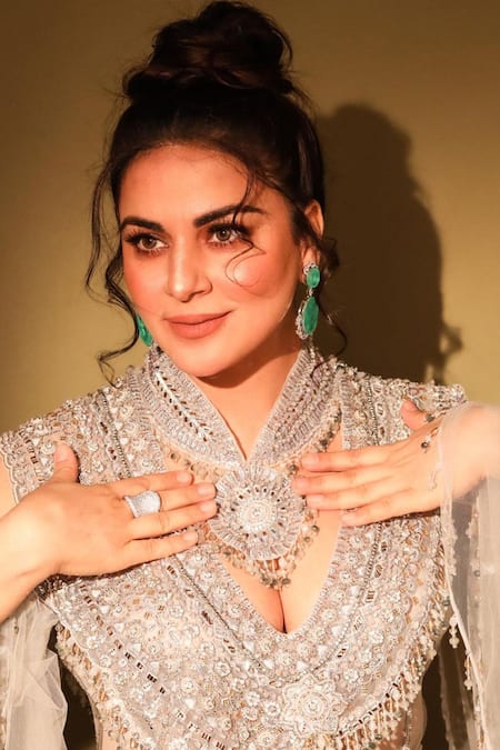 Anjalee And Arjun Kapoor_Blue Net Smocking, Embroidery V-neck Swarovski Gown _Online_at_Aza_Fashions