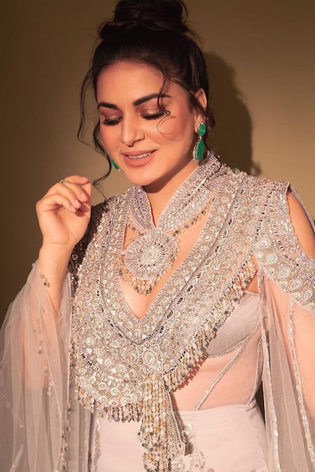 Shop_Anjalee And Arjun Kapoor_Blue Net Smocking, Embroidery V-neck Swarovski Gown _Online_at_Aza_Fashions