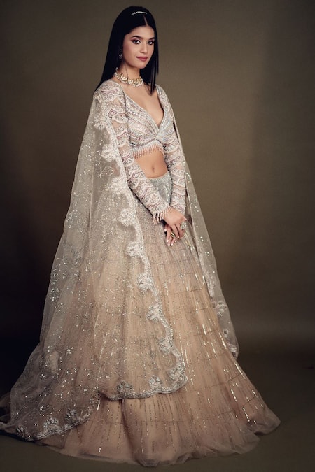 Shop_Anjalee And Arjun Kapoor_Beige Net Embroidery, Tassels V-neck Geometric Bridal Lehenga Set _Online_at_Aza_Fashions