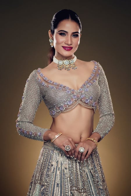 Shop_Anjalee And Arjun Kapoor_Pink Net Pearls V-neck Applique Embroidered Bridal Lehenga Set _Online_at_Aza_Fashions