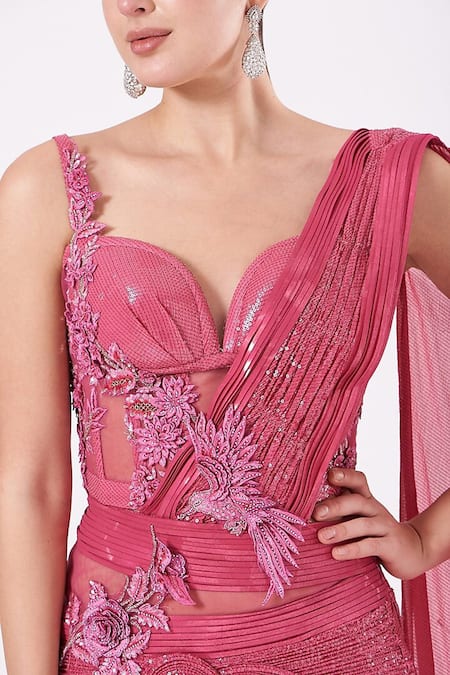 Buy_Anjalee And Arjun Kapoor_Pink Net Embroidery, Sequins Sweetheart Neck Gown _Online_at_Aza_Fashions