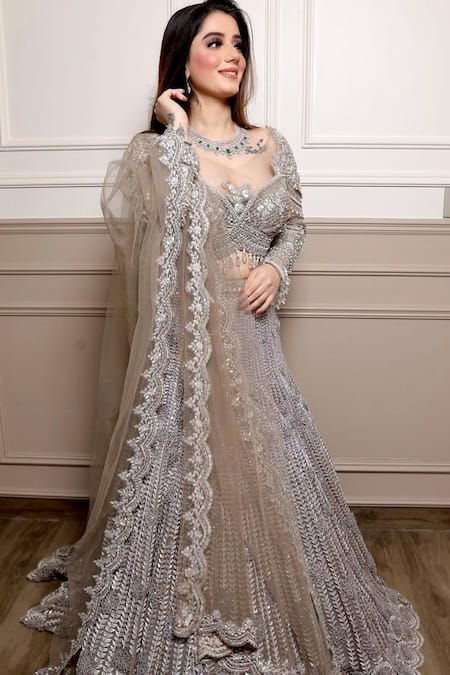 Anjalee And Arjun Kapoor Grey Net Crystals, Embroidery, Sequins Sweetheart Neck Floral Hand Lehenga Set Online at Aza Fashions Anjalee And Arjun Kapoor_Grey Net Crystals, Embroidery, Sequins Sweetheart Neck Floral Hand Lehenga Set _Online_at_Aza_Fashions