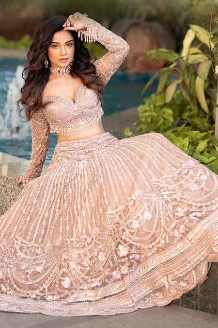 Anjalee And Arjun Kapoor_Pink Net Sequins, Embroidery Sweetheart Neck Floral Lehenga With Blouse _Online_at_Aza_Fashions