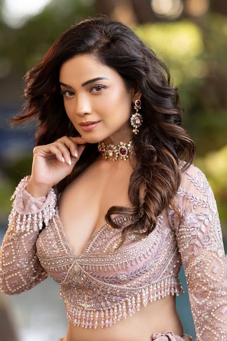 Shop_Anjalee And Arjun Kapoor_Pink Net Sequins, Embroidery Sweetheart Neck Floral Lehenga With Blouse _Online_at_Aza_Fashions