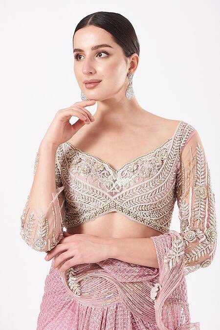 Anjalee And Arjun Kapoor_Pink Net Crystals, Sequins Split Pre-draped Hand Embroidered Saree With Blouse _Online_at_Aza_Fashions