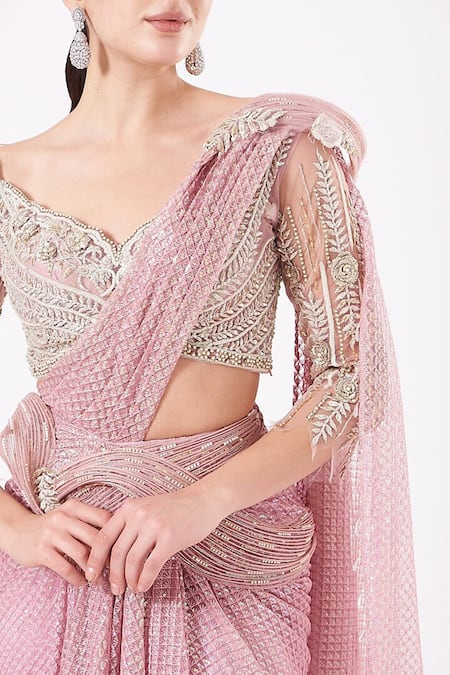Buy_Anjalee And Arjun Kapoor_Pink Net Crystals, Sequins Split Pre-draped Hand Embroidered Saree With Blouse _Online_at_Aza_Fashions