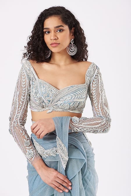 Anjalee And Arjun Kapoor_Blue Net Sequins, Embroidery, Pre-draped Shimmer Finish Saree And Hand Blouse Set _Online_at_Aza_Fashions
