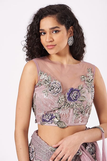 Anjalee And Arjun Kapoor_Purple Net Sequins, Crystals, Embroidery Pre-draped Rosette Saree With Blouse _Online_at_Aza_Fashions