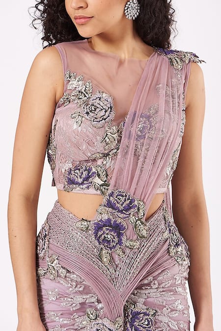 Buy_Anjalee And Arjun Kapoor_Purple Net Sequins, Crystals, Embroidery Pre-draped Rosette Saree With Blouse _Online_at_Aza_Fashions