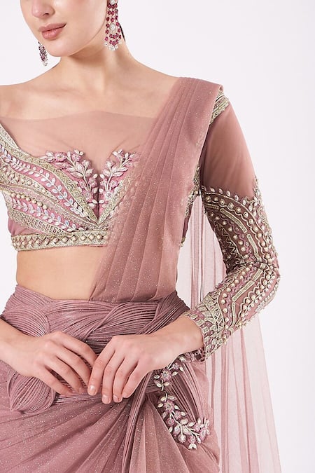 Buy_Anjalee And Arjun Kapoor_Pink Net Embroidery, Sequins Pre-draped Shimmer Finish Saree And Blouse Set _Online_at_Aza_Fashions