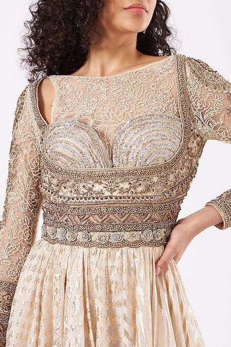 Anjalee And Arjun Kapoor_Ivory Chanderi Embroidery, Sequins, Beads, Angrakha Anarkali With Dupatta _Online_at_Aza_Fashions