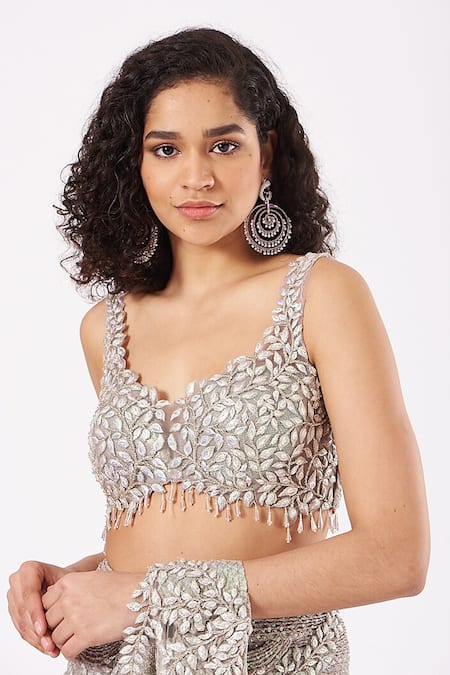 Anjalee And Arjun Kapoor_Grey Net Sequins, Crystals Pre-draped Textured Saree With Embroidered Blouse _Online_at_Aza_Fashions