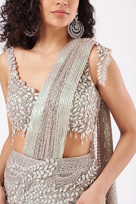 Buy_Anjalee And Arjun Kapoor_Grey Net Sequins, Crystals Pre-draped Textured Saree With Embroidered Blouse _Online_at_Aza_Fashions