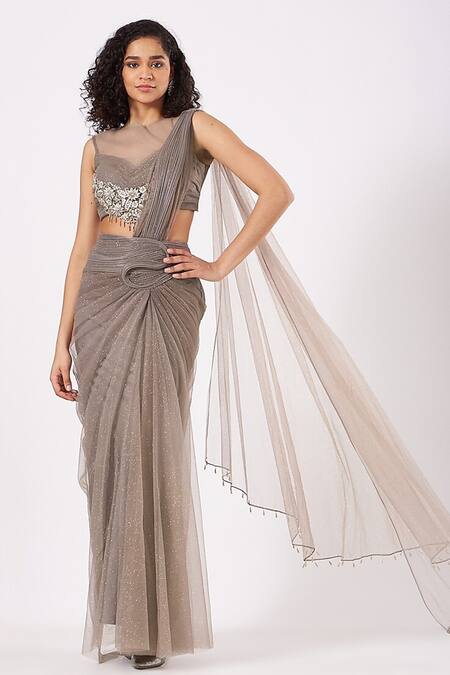 Anjalee And Arjun Kapoor_Grey Net Crystals, Sequins, Pre-draped Saree And Floral Cluster Cape Set _Online_at_Aza_Fashions
