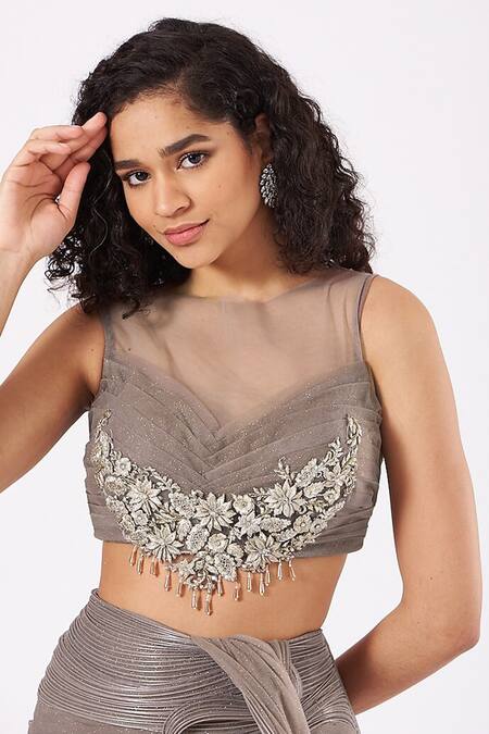 Buy_Anjalee And Arjun Kapoor_Grey Net Crystals, Sequins, Pre-draped Saree And Floral Cluster Cape Set _Online_at_Aza_Fashions
