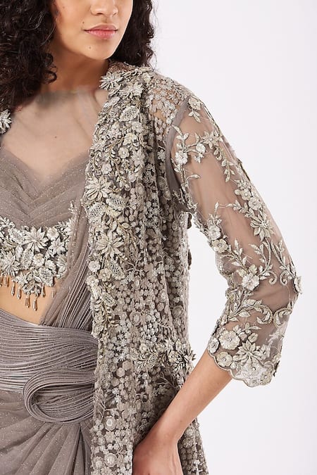 Shop_Anjalee And Arjun Kapoor_Grey Net Crystals, Sequins, Pre-draped Saree And Floral Cluster Cape Set _Online_at_Aza_Fashions