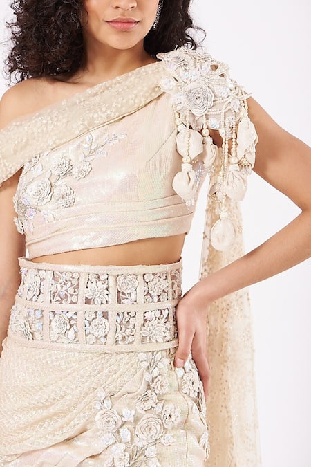 Anjalee And Arjun Kapoor_Cream Net Tassels, Pearls, Shimmer Finish Lehenga Saree With Embroidered Blouse _Online_at_Aza_Fashions