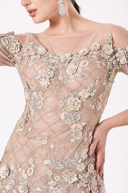 Buy_Anjalee And Arjun Kapoor_Peach Net Sequins, Crystals 3d Floral Hand Embroidered Kurta With Sharara Set _Online_at_Aza_Fashions