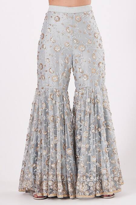 Anjalee And Arjun Kapoor_Blue Net Sequins, Embroidery Round Neck Scallop Kurta Sharara Set _Online_at_Aza_Fashions