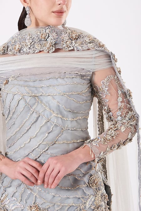 Buy_Anjalee And Arjun Kapoor_Blue Net Sequins, Embroidery Round Neck Scallop Kurta Sharara Set _Online_at_Aza_Fashions