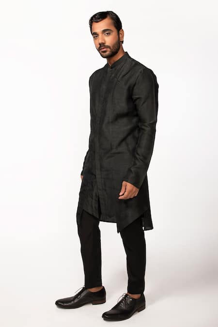 Kaka Calcutta_Black Bamboo, Cotton, Silk Solid Kurta And Pyjama Pant Set _Online_at_Aza_Fashions