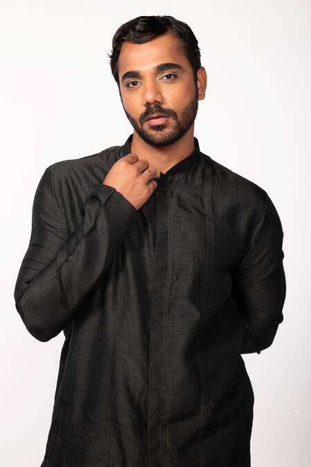 Buy_Kaka Calcutta_Black Bamboo, Cotton, Silk Solid Kurta And Pyjama Pant Set _Online_at_Aza_Fashions