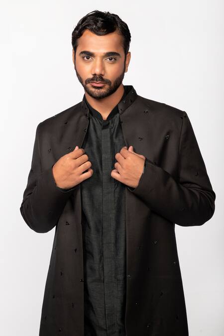 Buy_Kaka Calcutta_Green Suede, Bamboo, Cotton, Silk Placement Embroidered Jacket With Kurta Set _Online_at_Aza_Fashions