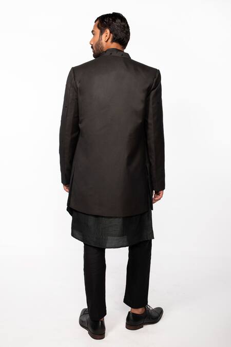 Shop Kaka Calcutta Black Satin Beads Embroidered Open Jacket at Aza Fashions Shop_Kaka Calcutta_Black Satin Beads Embroidered Open Jacket _at_Aza_Fashions