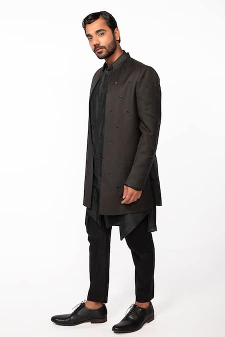 Kaka Calcutta Black Satin Beads Embroidered Open Jacket Online at Aza Fashions Kaka Calcutta_Black Satin Beads Embroidered Open Jacket _Online_at_Aza_Fashions