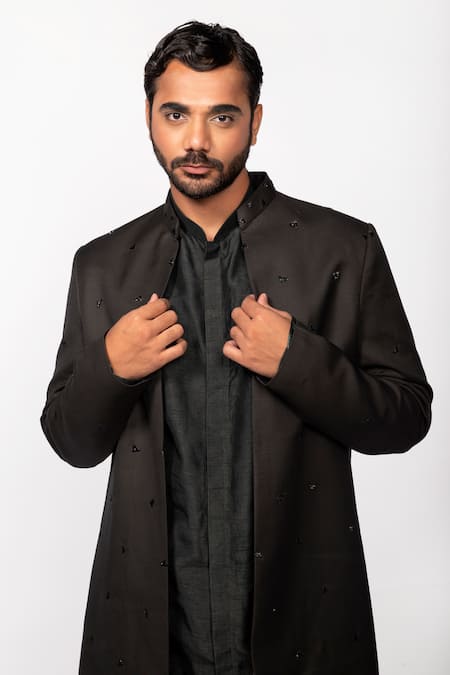 Buy Kaka Calcutta Black Satin Beads Embroidered Open Jacket Online at Aza Fashions Buy_Kaka Calcutta_Black Satin Beads Embroidered Open Jacket _Online_at_Aza_Fashions