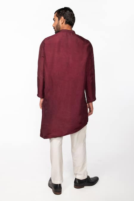 Shop Kaka Calcutta Wine Bamboo, Cotton, Silk Mandarin Collar Kurta Set at Aza Fashions Shop_Kaka Calcutta_Wine Bamboo, Cotton, Silk Mandarin Collar Kurta Set _at_Aza_Fashions