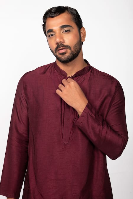 Buy Kaka Calcutta Wine Bamboo, Cotton, Silk Mandarin Collar Kurta Set Online at Aza Fashions Buy_Kaka Calcutta_Wine Bamboo, Cotton, Silk Mandarin Collar Kurta Set _Online_at_Aza_Fashions