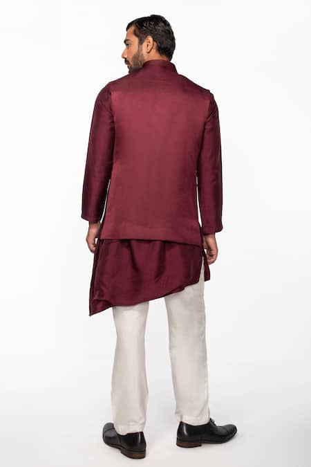 Shop Kaka Calcutta Wine Linen, , Silk, Cotton Embroidery, Cut Lotus Bundi And Kurta Set at Aza Fashions Shop_Kaka Calcutta_Wine Linen, , Silk, Cotton Embroidery, Cut Lotus Bundi And Kurta Set _at_Aza_Fashions