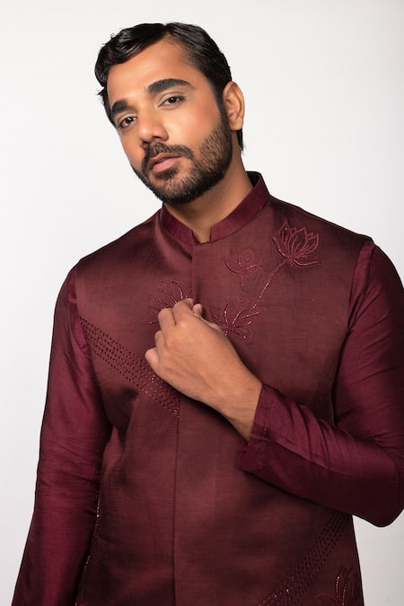 Buy Kaka Calcutta Wine Linen, , Silk, Cotton Embroidery, Cut Lotus Bundi And Kurta Set Online at Aza Fashions Buy_Kaka Calcutta_Wine Linen, , Silk, Cotton Embroidery, Cut Lotus Bundi And Kurta Set _Online_at_Aza_Fashions